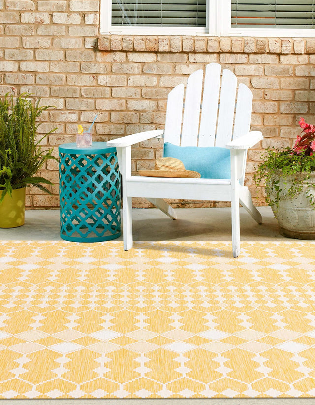 Yellow 10' x 10' Outdoor Trellis Square Area Rug Weather Resistant for Patio, Deck, Terrace, Balcony, Porch Geometric Design Water Safe Outside Carpet for Sale at Rug Engine