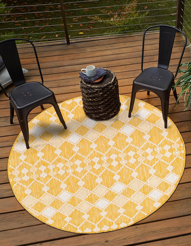 Yellow 3' 1 x 3' 1 Outdoor Trellis Round Area Rug Weather Resistant for Patio, Deck, Terrace, Balcony, Porch Geometric Design Water Safe Outside Carpet for Sale at Rug Engine