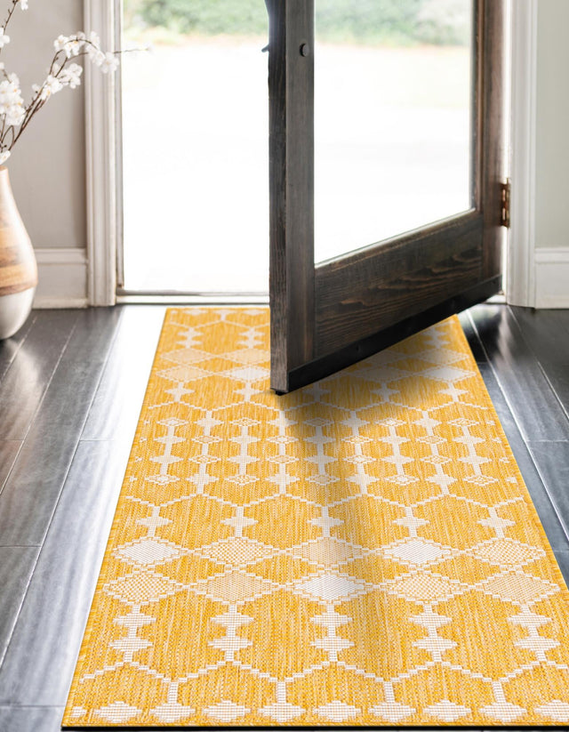Yellow 2' x 8' Outdoor Trellis Runner Area Rug Weather Resistant for Patio, Deck, Terrace, Balcony, Porch Geometric Design Water Safe Outside Carpet for Sale at Rug Engine