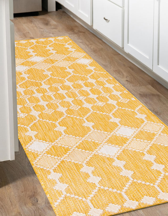 Yellow 2' x 6' 1 Outdoor Trellis Runner Area Rug Weather Resistant for Patio, Deck, Terrace, Balcony, Porch Geometric Design Water Safe Outside Carpet for Sale at Rug Engine