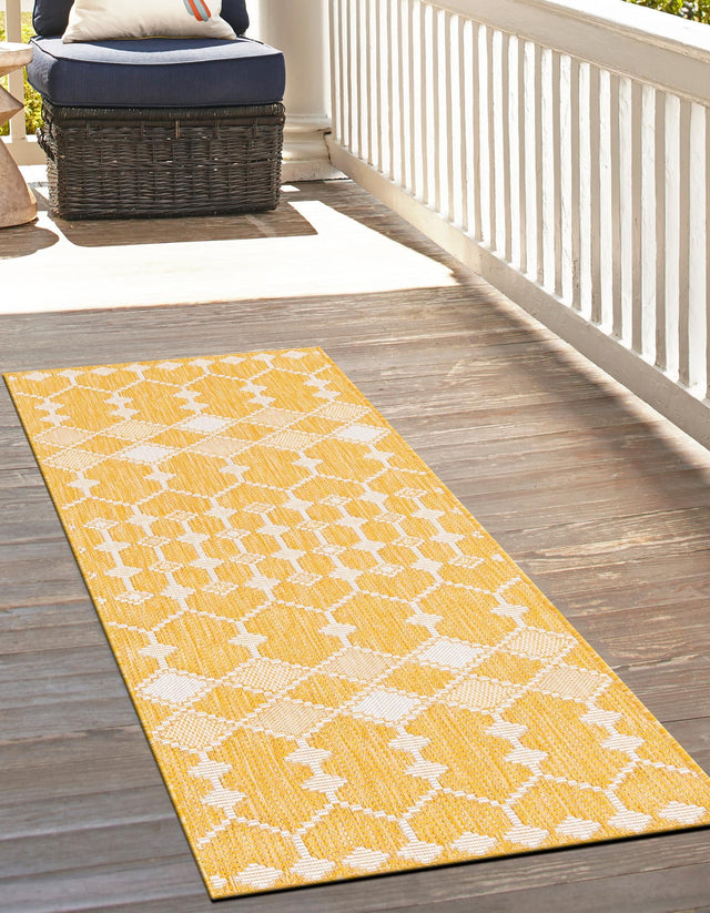 Yellow 2' x 8' Outdoor Trellis Runner Area Rug Weather Resistant for Patio, Deck, Terrace, Balcony, Porch Geometric Design Water Safe Outside Carpet for Sale at Rug Engine
