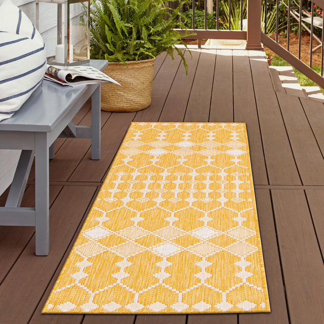 Yellow 2' x 6' 1 Outdoor Trellis Runner Area Rug Weather Resistant for Patio, Deck, Terrace, Balcony, Porch Geometric Design Water Safe Outside Carpet for Sale at Rug Engine