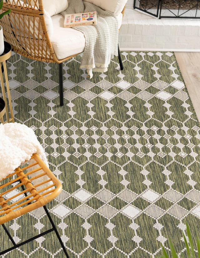 Green 9' x 12' Outdoor Trellis Rectangle Area Rug Weather Resistant for Patio, Deck, Terrace, Balcony, Porch Geometric Design Water Safe Outside Carpet for Sale at Rug Engine