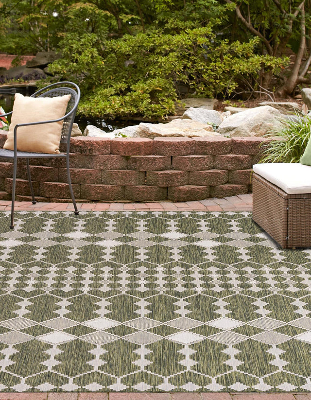 Green 10' x 10' Outdoor Trellis Square Area Rug Weather Resistant for Patio, Deck, Terrace, Balcony, Porch Geometric Design Water Safe Outside Carpet for Sale at Rug Engine