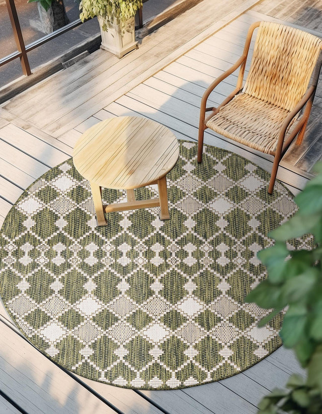 Green 3' 1 x 3' 1 Outdoor Trellis Round Area Rug Weather Resistant for Patio, Deck, Terrace, Balcony, Porch Geometric Design Water Safe Outside Carpet for Sale at Rug Engine