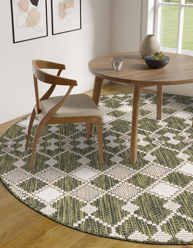 Green 4' 1 x 4' 1 Outdoor Trellis Round Area Rug Weather Resistant for Patio, Deck, Terrace, Balcony, Porch Geometric Design Water Safe Outside Carpet for Sale at Rug Engine