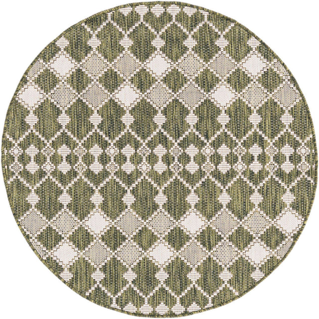 Green 4' 1 x 4' 1 Outdoor Trellis Round Area Rug Weather Resistant for Patio, Deck, Terrace, Balcony, Porch Geometric Design Water Safe Outside Carpet for Sale at Rug Engine