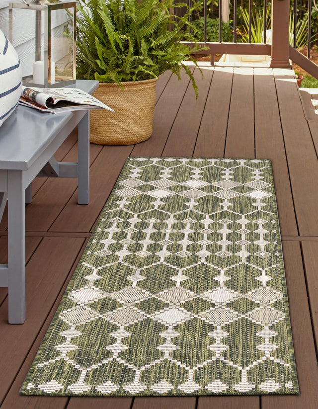 Green 2' 7 x 10' Outdoor Trellis Runner Area Rug Weather Resistant for Patio, Deck, Terrace, Balcony, Porch Geometric Design Water Safe Outside Carpet for Sale at Rug Engine