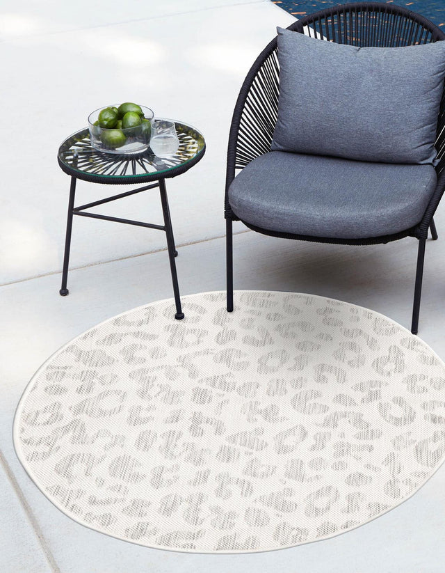 Ivory Gray 3' 1 x 3' 1 Outdoor Safari Round Area Rug Weather Resistant for Patio, Deck, Terrace, Balcony, Porch Animal Print Wildlife Nature Carpet for Sale at Rug Engine