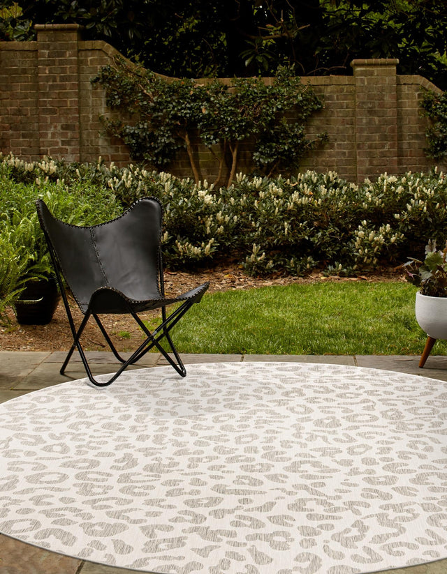 Ivory Gray 4' 1 x 4' 1 Outdoor Safari Round Area Rug Weather Resistant for Patio, Deck, Terrace, Balcony, Porch Animal Print Wildlife Nature Carpet for Sale at Rug Engine