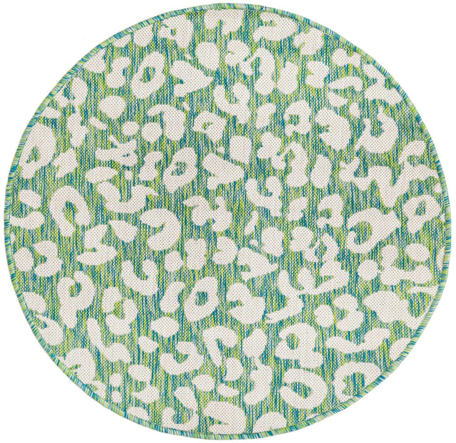 Green Blue 3' 1 x 3' 1 Outdoor Safari Round Area Rug Weather Resistant for Patio, Deck, Terrace, Balcony, Porch Animal Print Wildlife Nature Carpet for Sale at Rug Engine