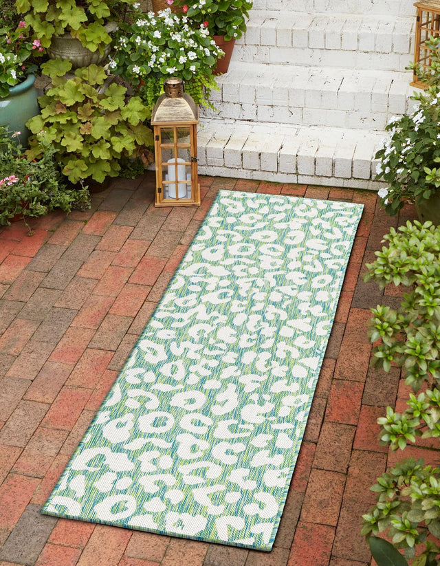 Green Blue 2' x 8' Outdoor Safari Runner Area Rug Weather Resistant for Patio, Deck, Terrace, Balcony, Porch Animal Print Wildlife Nature Carpet for Sale at Rug Engine