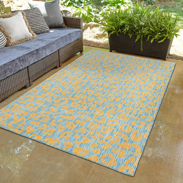 Blue Yellow 3' 1 x 5' 3 Outdoor Safari Rectangle Area Rug Weather Resistant for Patio, Deck, Terrace, Balcony, Porch Animal Print Wildlife Nature Carpet for Sale at Rug Engine