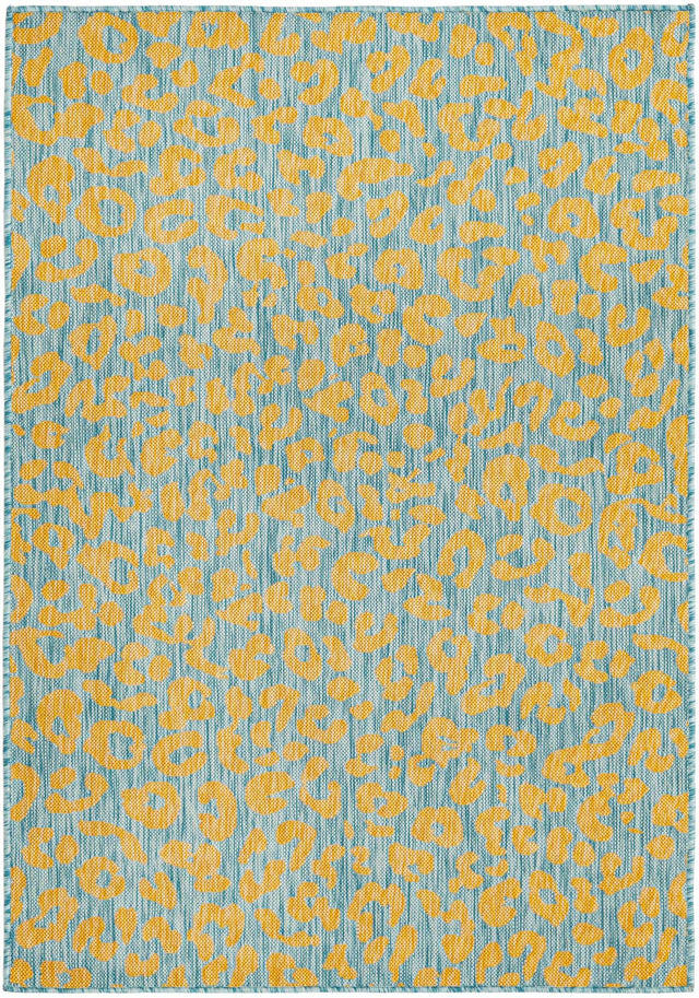 Blue Yellow 4' 1 x 6' 1 Outdoor Safari Rectangle Area Rug Weather Resistant for Patio, Deck, Terrace, Balcony, Porch Animal Print Wildlife Nature Carpet for Sale at Rug Engine