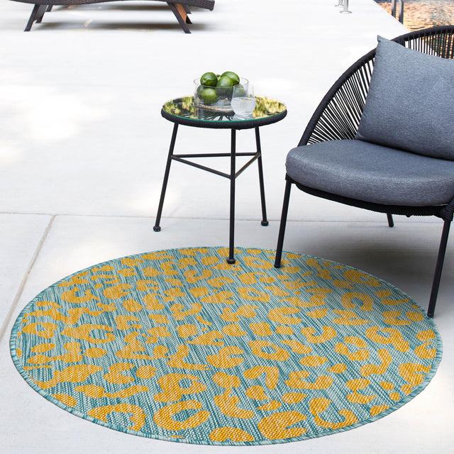 Blue Yellow 10' x 10' Outdoor Safari Round Area Rug Weather Resistant for Patio, Deck, Terrace, Balcony, Porch Animal Print Wildlife Nature Carpet for Sale at Rug Engine