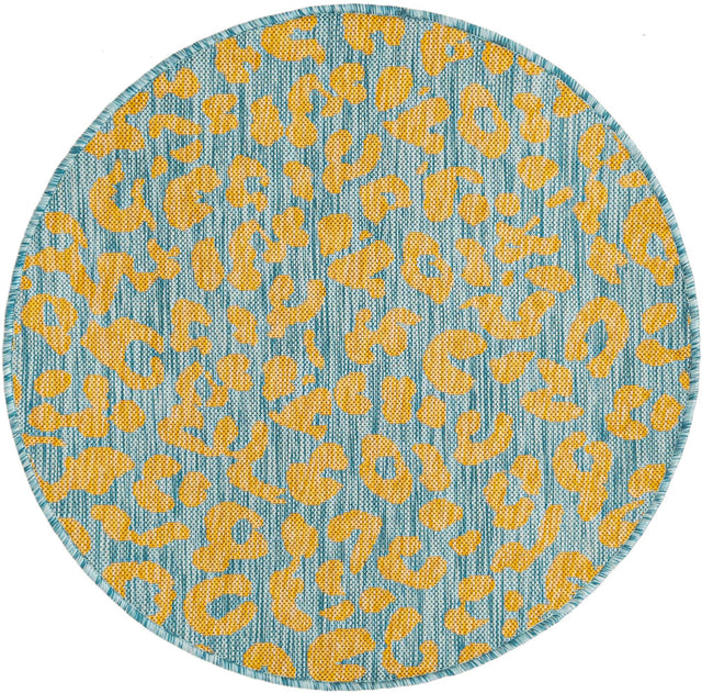 Blue Yellow 3' 1 x 3' 1 Outdoor Safari Round Area Rug Weather Resistant for Patio, Deck, Terrace, Balcony, Porch Animal Print Wildlife Nature Carpet for Sale at Rug Engine