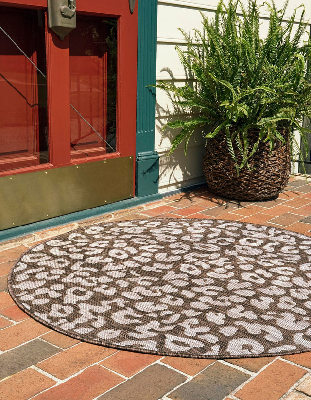 Brown 3' 1 x 3' 1 Outdoor Safari Round Area Rug Weather Resistant for Patio, Deck, Terrace, Balcony, Porch Animal Print Wildlife Nature Carpet for Sale at Rug Engine