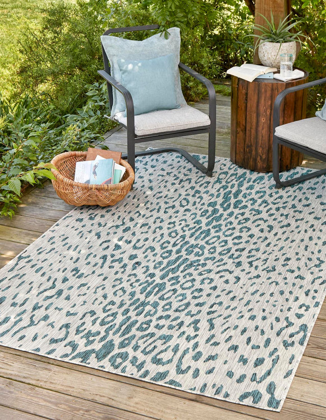Teal 5' 3 x 8' Outdoor Safari Rectangle Area Rug Weather Resistant for Patio, Deck, Terrace, Balcony, Porch Animal Print Wildlife Nature Carpet for Sale at Rug Engine