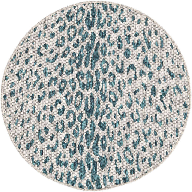Teal 3' 1 x 3' 1 Outdoor Safari Round Area Rug Weather Resistant for Patio, Deck, Terrace, Balcony, Porch Animal Print Wildlife Nature Carpet for Sale at Rug Engine