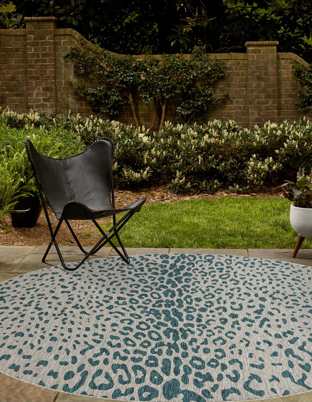Teal 13' 1 x 13' 1 Outdoor Safari Round Area Rug Weather Resistant for Patio, Deck, Terrace, Balcony, Porch Animal Print Wildlife Nature Carpet for Sale at Rug Engine