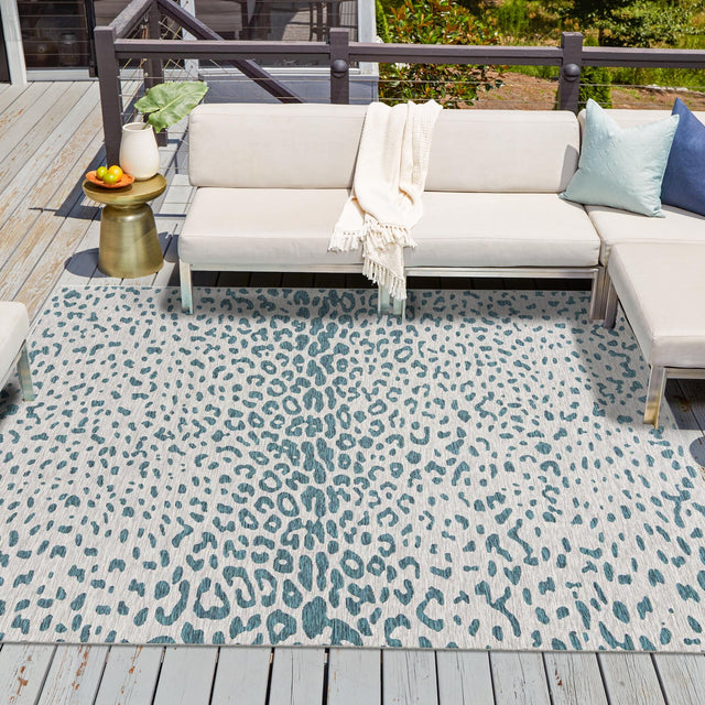 Teal 13' 1 x 13' 1 Outdoor Safari Square Area Rug Weather Resistant for Patio, Deck, Terrace, Balcony, Porch Animal Print Wildlife Nature Carpet for Sale at Rug Engine