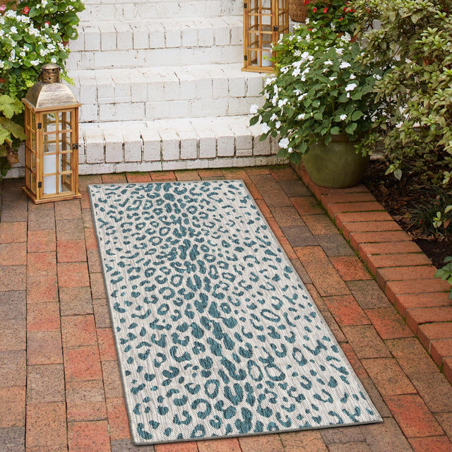 Teal 2' 7 x 10' Outdoor Safari Runner Area Rug Weather Resistant for Patio, Deck, Terrace, Balcony, Porch Animal Print Wildlife Nature Carpet for Sale at Rug Engine