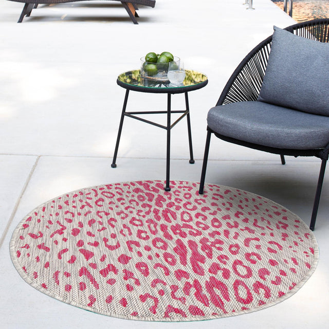 Pink Gray 4' 1 x 4' 1 Outdoor Safari Round Area Rug Weather Resistant for Patio, Deck, Terrace, Balcony, Porch Animal Print Wildlife Nature Carpet for Sale at Rug Engine