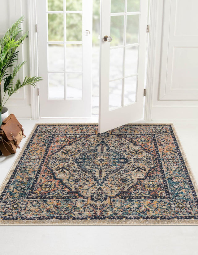 Blue 6' 1 x 6' 1 Lola Square Area Rug Polypropylene With Jute Backing Traditional Pattern Easy Clean Carpet for Home Interior Design for Sale at Rug Engine