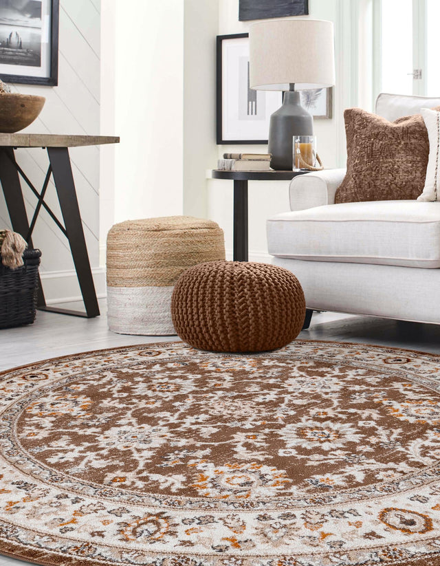 Brown 3' 1 x 3' 1 Charlotte Round Area Rug 100% Polypropylene With Jute Backing Traditional Classical Durable Carpet for Living Dining Office Rooms for Sale at Rug Engine
