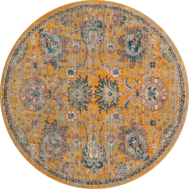 Yellow 7' x 7' Lola Round Area Rug Polypropylene With Jute Backing Traditional Pattern Easy Clean Carpet for Home Interior Design for Sale at Rug Engine