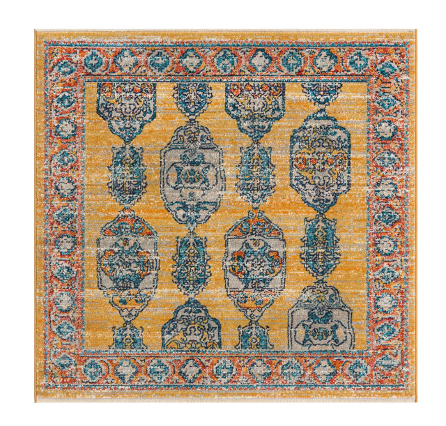 Yellow 3' 11 x 3' 11 Lola Square Area Rug Polypropylene With Jute Backing Traditional Pattern Easy Clean Carpet for Home Interior Design for Sale at Rug Engine