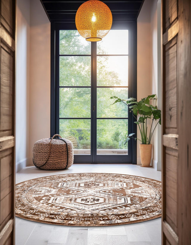 Brown 7' 10 x 7' 10 Charlotte Round Area Rug 100% Polypropylene With Jute Backing Traditional Classical Durable Carpet for Living Dining Office Rooms for Sale at Rug Engine