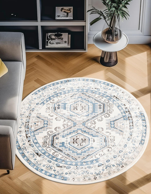 Ivory Aqua 3' 1 x 3' 1 Charlotte Round Area Rug 100% Polypropylene With Jute Backing Traditional Classical Durable Carpet for Living Dining Office Rooms for Sale at Rug Engine