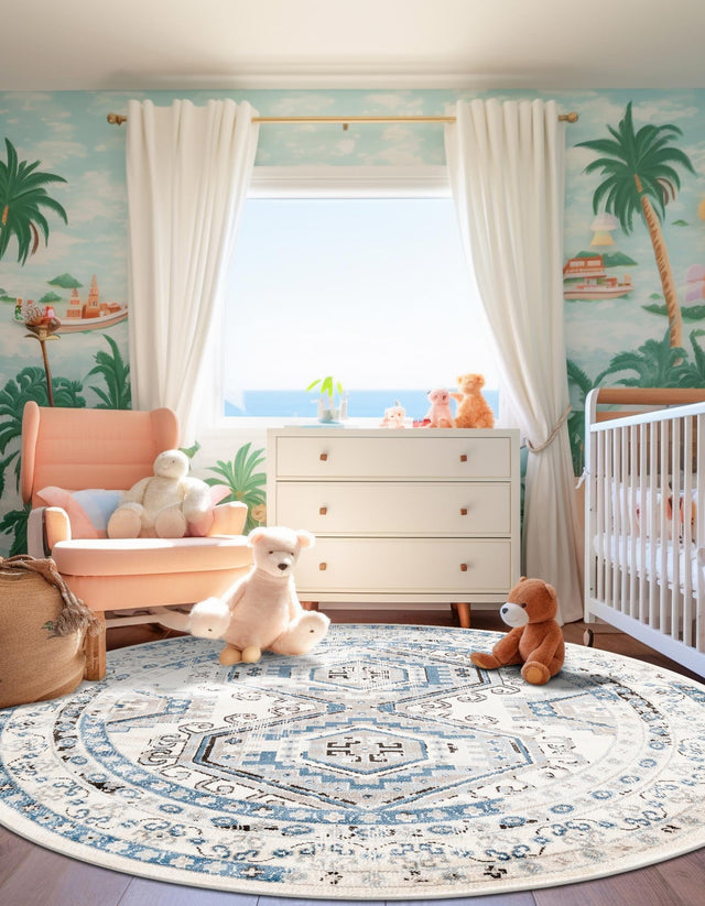 Ivory Aqua 7' 10 x 7' 10 Charlotte Round Area Rug 100% Polypropylene With Jute Backing Traditional Classical Durable Carpet for Living Dining Office Rooms for Sale at Rug Engine