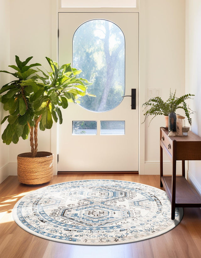 Ivory Aqua 7' 10 x 7' 10 Charlotte Round Area Rug 100% Polypropylene With Jute Backing Traditional Classical Durable Carpet for Living Dining Office Rooms for Sale at Rug Engine