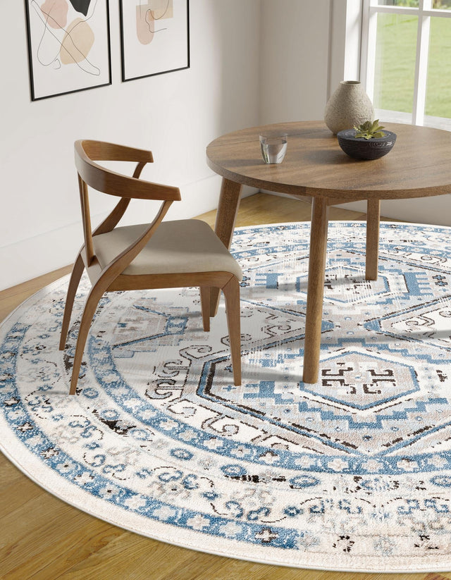 Ivory Aqua 7' 10 x 7' 10 Charlotte Round Area Rug 100% Polypropylene With Jute Backing Traditional Classical Durable Carpet for Living Dining Office Rooms for Sale at Rug Engine