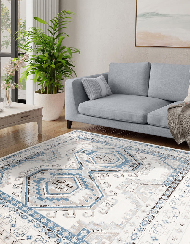 Ivory Aqua 5' 3 x 5' 3 Charlotte Square Area Rug 100% Polypropylene With Jute Backing Traditional Classical Durable Carpet for Living Dining Office Rooms for Sale at Rug Engine