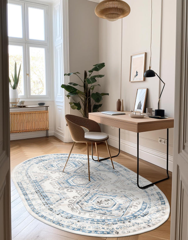 Ivory Aqua 5' 3 x 8' Charlotte Oval Area Rug 100% Polypropylene With Jute Backing Traditional Classical Durable Carpet for Living Dining Office Rooms for Sale at Rug Engine