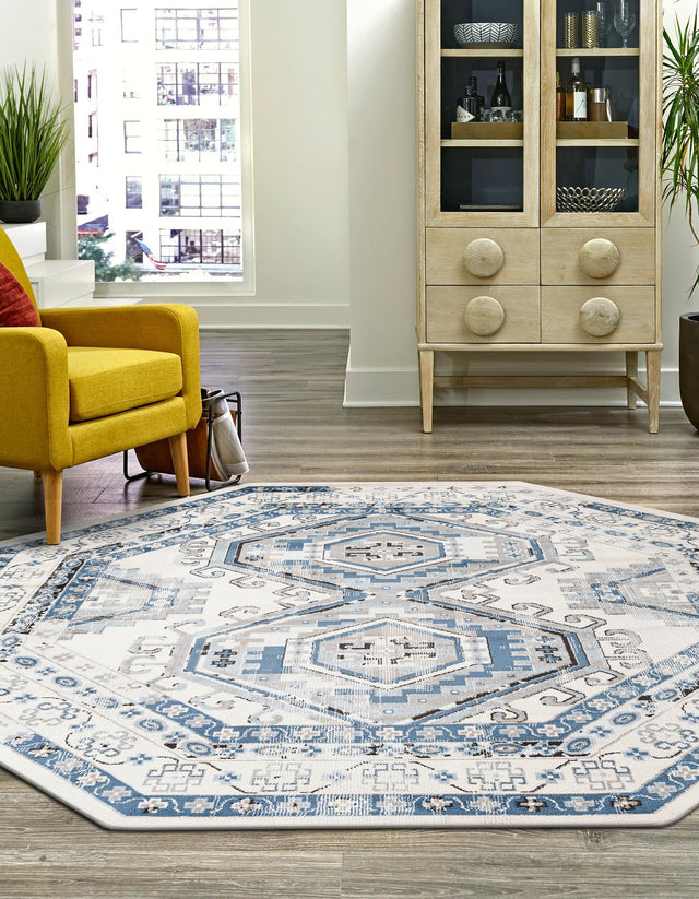 Ivory Aqua 5' 3 x 5' 3 Charlotte Octagon Area Rug 100% Polypropylene With Jute Backing Traditional Classical Durable Carpet for Living Dining Office Rooms for Sale at Rug Engine