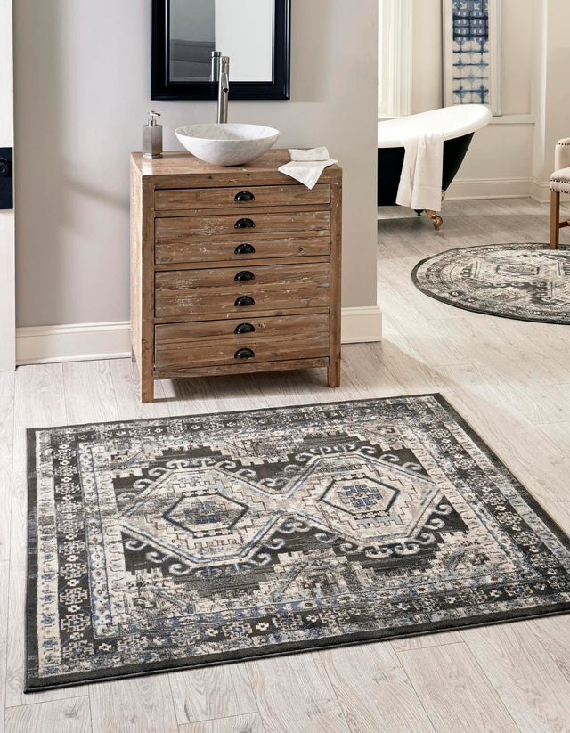 Gray 5' 3 x 5' 3 Charlotte Square Area Rug 100% Polypropylene With Jute Backing Traditional Classical Durable Carpet for Living Dining Office Rooms for Sale at Rug Engine