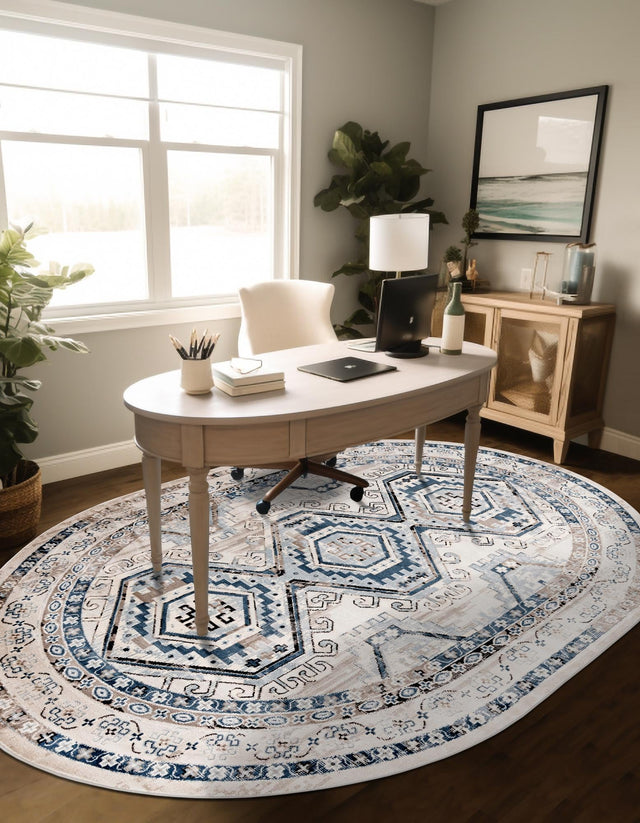 Gray Blue 4' 1 x 6' 1 Charlotte Oval Area Rug 100% Polypropylene With Jute Backing Traditional Classical Durable Carpet for Living Dining Office Rooms for Sale at Rug Engine