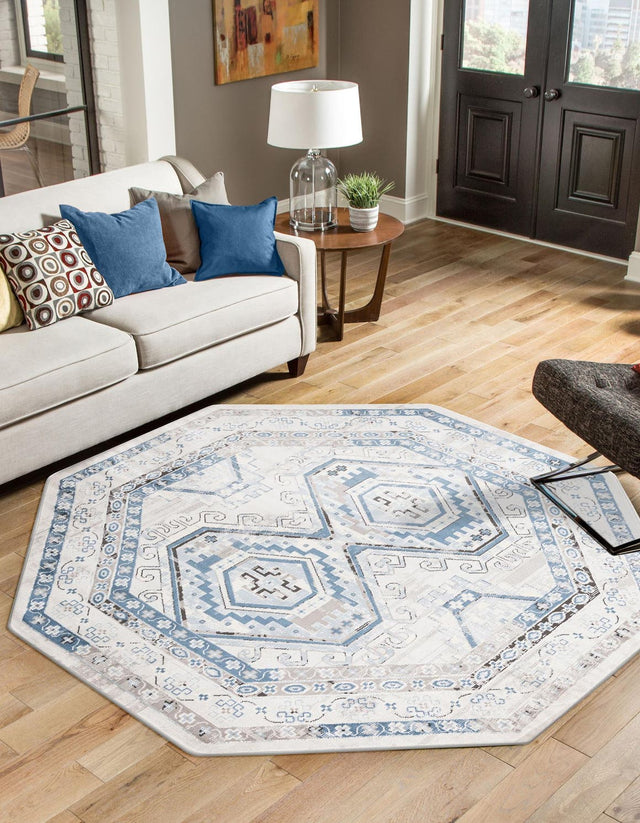 Gray Blue 5' 3 x 5' 3 Charlotte Octagon Area Rug 100% Polypropylene With Jute Backing Traditional Classical Durable Carpet for Living Dining Office Rooms for Sale at Rug Engine