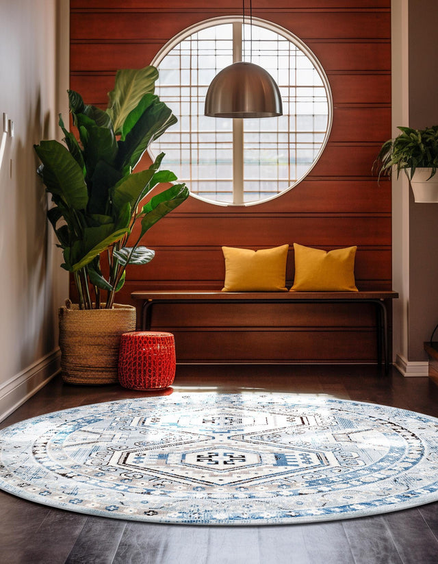 Aqua Blue 5' 3 x 5' 3 Charlotte Round Area Rug 100% Polypropylene With Jute Backing Traditional Classical Durable Carpet for Living Dining Office Rooms for Sale at Rug Engine