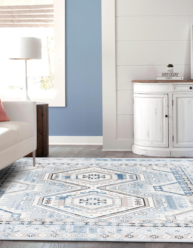 Aqua Blue 5' 3 x 5' 3 Charlotte Square Area Rug 100% Polypropylene With Jute Backing Traditional Classical Durable Carpet for Living Dining Office Rooms for Sale at Rug Engine