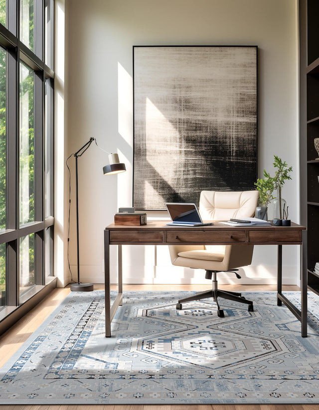 Aqua Blue 7' 10 x 7' 10 Charlotte Square Area Rug 100% Polypropylene With Jute Backing Traditional Classical Durable Carpet for Living Dining Office Rooms for Sale at Rug Engine
