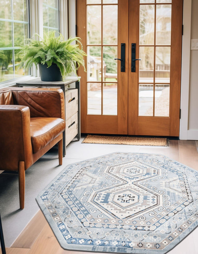 Aqua Blue 5' 3 x 5' 3 Charlotte Octagon Area Rug 100% Polypropylene With Jute Backing Traditional Classical Durable Carpet for Living Dining Office Rooms for Sale at Rug Engine