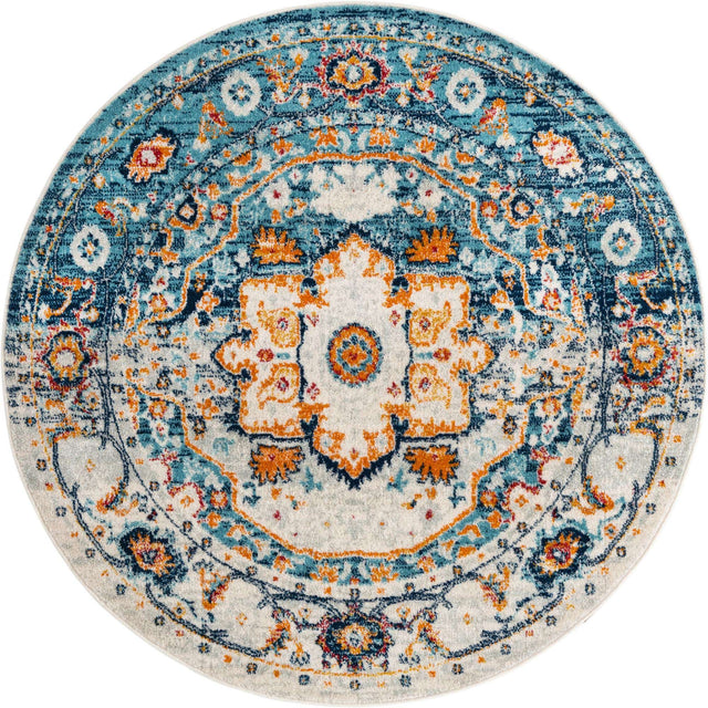 Teal 5' 3 x 5' 3 Madeline Vintage Round Area Rug 100% Polypropylene Distressed Traditional Carpet for Classic Interior Home Design for Sale at Rug Engine