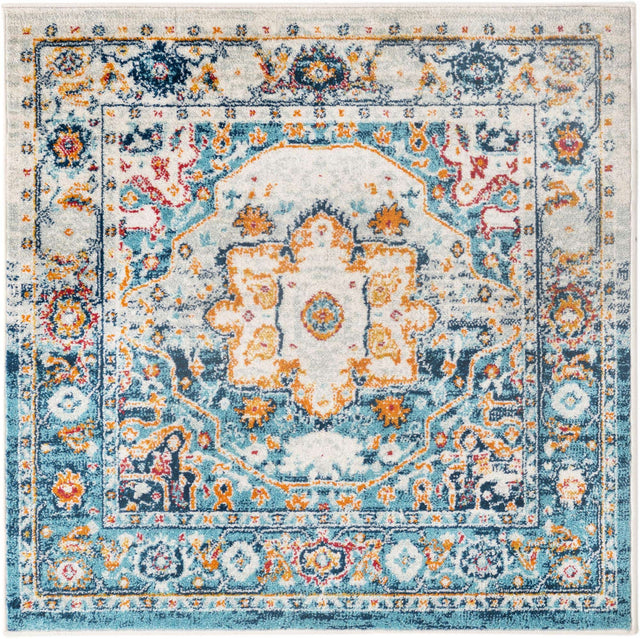 Teal 4' x 4' Madeline Vintage Square Area Rug 100% Polypropylene Distressed Traditional Carpet for Classic Interior Home Design for Sale at Rug Engine