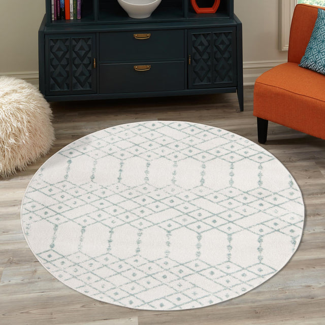 Ivory Aqua 5' 3 x 5' 3 Paxon Trellis Round Area Rug Geometric Durable Stain Resistant Easy Clean Carpet for Modern Interior Home Decor for Sale at Rug Engine