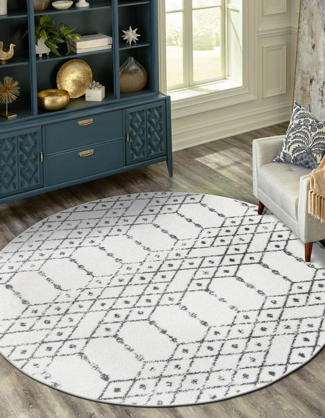 Ivory Black 7' 10 x 7' 10 Paxon Trellis Round Area Rug Geometric Durable Stain Resistant Easy Clean Carpet for Modern Interior Home Decor for Sale at Rug Engine